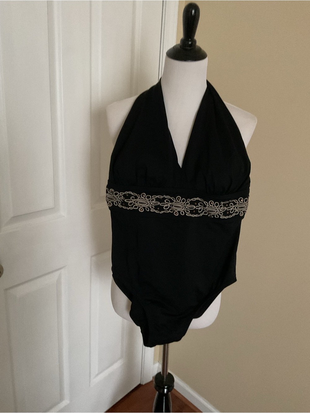Black Halter One-Piece Swimsuit with Embroidered Waistband